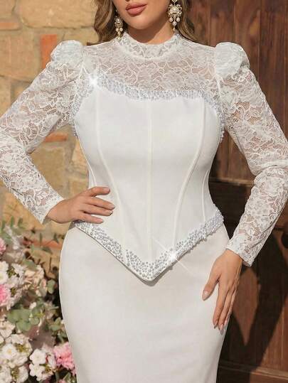 Glamrae Plus Size Elegant Luxurious Romantic White Lace Patchwork Elastic Material Asymmetric Collar Beaded Crafted Gigot Sleeve Fitted Mermaid Hem Backless Tie Bridal Wedding Dress White Elegant Dress