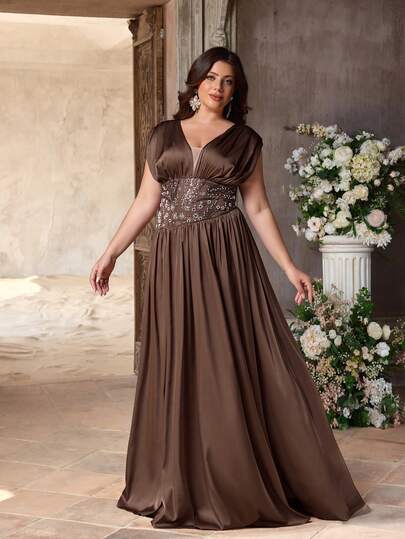 Aureia Plus Size Elegant Luxurious Brown Beaded Embroidered Patchwork Elastic Satin V-Neck Ruched Short Sleeve Asymmetric Waist Fitted A-Line Hem Dress, Suitable For Evening Party, Date, Wedding, Formal Occasion (Intricate Design)
