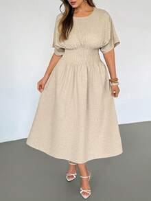 Auralis Plus Size Women's Solid Color Round Neck Batwing Sleeve Cinched Waist Casual Dress, Summer Dresses - Apricot - View 2