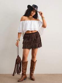 Freevana Áo croptop trắng trễ vai, viền bèo nhún, kiểu bohemian, thích hợp mặc đi nghỉ mát, tôn dáng và nhẹ nhàng cho mùa hè. - trắng - Xem 7