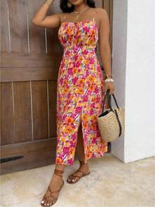 SHEIN Frenchy Đầm slip dáng suông xẻ tà in hoa dành cho nữ cỡ lớn - Nhiều màu - Xem 7