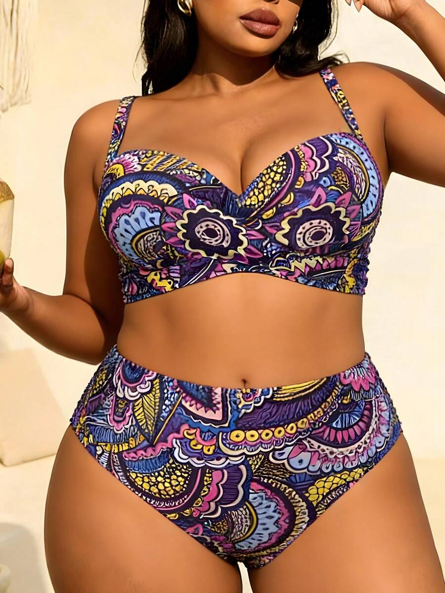 Swim Vcay 大码女式印花欧美风度假系列比基尼套装 - 彩色 - 查看 1