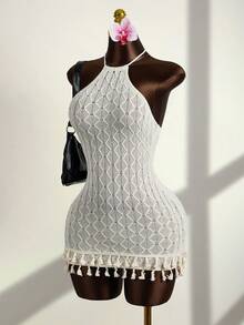 Zestiva 女士优雅度假露背系带流苏迷你连衣裙 - 杏色 - 查看 3