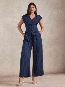 Briarwyn Women's Casual, Work, Commute V-Neck Striped Print Fitted Blouse And Belted Wide Leg Pants Set, Spring/Summer - Navy Blue - View 3