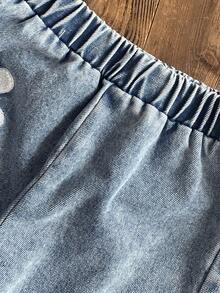 SHEIN Vintaside Kids 两件套少女夏季活力紫色荷叶袖上衣和牛仔裤，精致樱花刺绣装饰，简约设计，舒适百搭，适合外出、聚会和休闲居家穿着。 - 彩色 - 查看 5