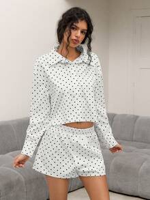 Sweetina Women's Fashion Casual Polka Dot Print Top & Shorts 2 Pieces Set Oversized Blouse Polka Dot Shirt Oversize Shirt For Women Poka Dot Top,Women's Summer Set ,Casual Outfit For Women - White - View 4