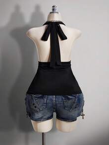 SHEIN ICON Áo camisole chấm bi hở lưng cổ chữ V eo thon dáng chữ A cỡ lớn, áo camisole chấm bi hở lưng kiểu retro Y2K, áo babydoll chấm bi hở lưng. - màu đen - Xem 2