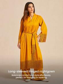 All-Season Mustard Satin Robe Comfortable Tie-Waist Sleep Gown With Fringe Trim Loose-Fit Midi Robe With Fringe Details Pyjama - Yellow - View 10