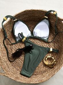 Swim Chiccia 女士新款纯色手工绳带泳衣上装和侧边绳带泳裤性感泳装套装 - 綠色 - 查看 7