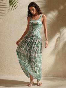 SHEIN Swim Oasis New Floral & Bird Print Bandeau One-Piece Swimsuit With Mesh Overlay, Fashion Summer Vacation Dress - Green - View 6