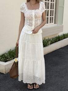 DAZY 女士两件套：白色荷叶边花瓣袖露脐上衣和休闲A字裙，适合复活节派对和夏季假期穿着。 - 白色 - 查看 3