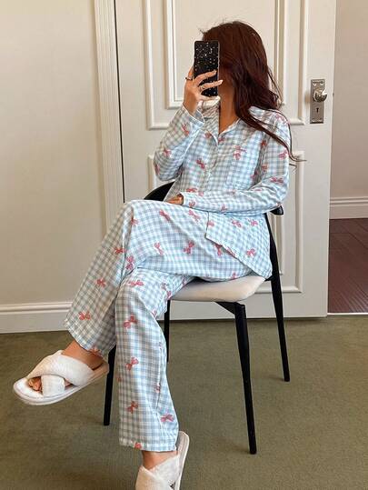 Dream Adore طقم بيجامة نسائية فضفاضة بأكمام طويلة وبنطال، مزين بطبعة مربعات باللون الوردي