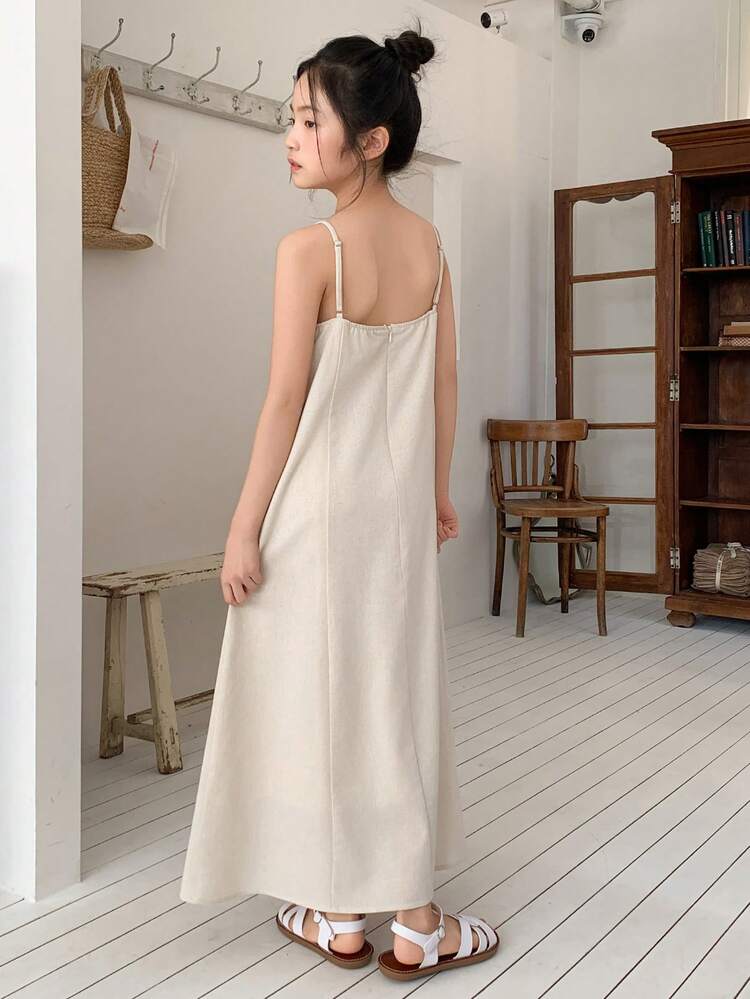 Tween Girl Solid Color Adjustable Strap Casual Camisole Dress