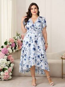 Reflora Plus Size Floral Print Side Tie Flare Sleeve White Summer Elegant Bachelorette Party Tea Party Dress,Wedding Guest Dress For Women,Luxury Evening - Blue and White - View 8
