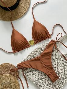 Swim Vcay Springbreak Women's Solid Color Spaghetti Strap Metal Shell Decor Side Tie Minimalist Bikini Set, Summer - Brown - View 1