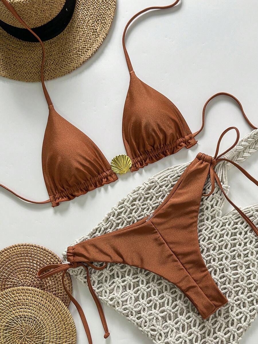 Swim Vcay Springbreak Women's Solid Color Spaghetti Strap Metal Shell Decor Side Tie Minimalist Bikini Set, Summer - Brown - View 1