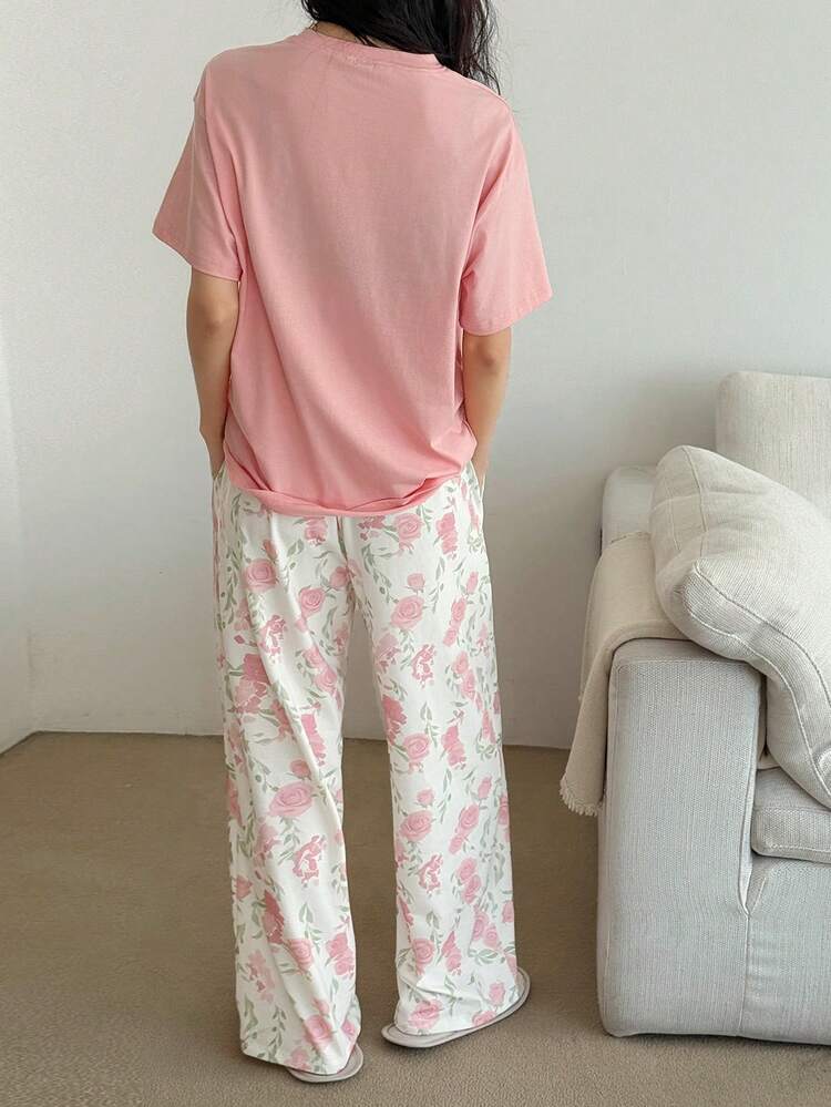 Women's Summer Loose Asymmetrical Pocket Decor T-Shirt Top & Floral Print Pajama Pants Sleepwear Set