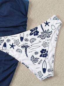 SHEIN Teen Girl 3-Piece Swimwear Set: Ditsy Floral Bikini Top, Bottoms And Tie-Front Skirt, Blue & White - Blue and White - View 3