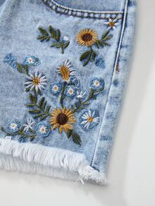 GlowEve 女士向日葵刺绣口袋毛边休闲牛仔短裤 - 藍色 - 查看 3