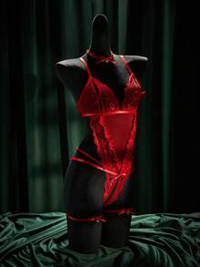 SpicyHot 4pcs/Set Romantic Lace Crotchless Sexy Lingerie Set - Red - View 6