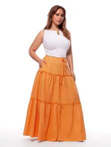 Solavibe 大码休闲纯色前系结荷叶边下摆半身裙 - 橘色 - 查看 14