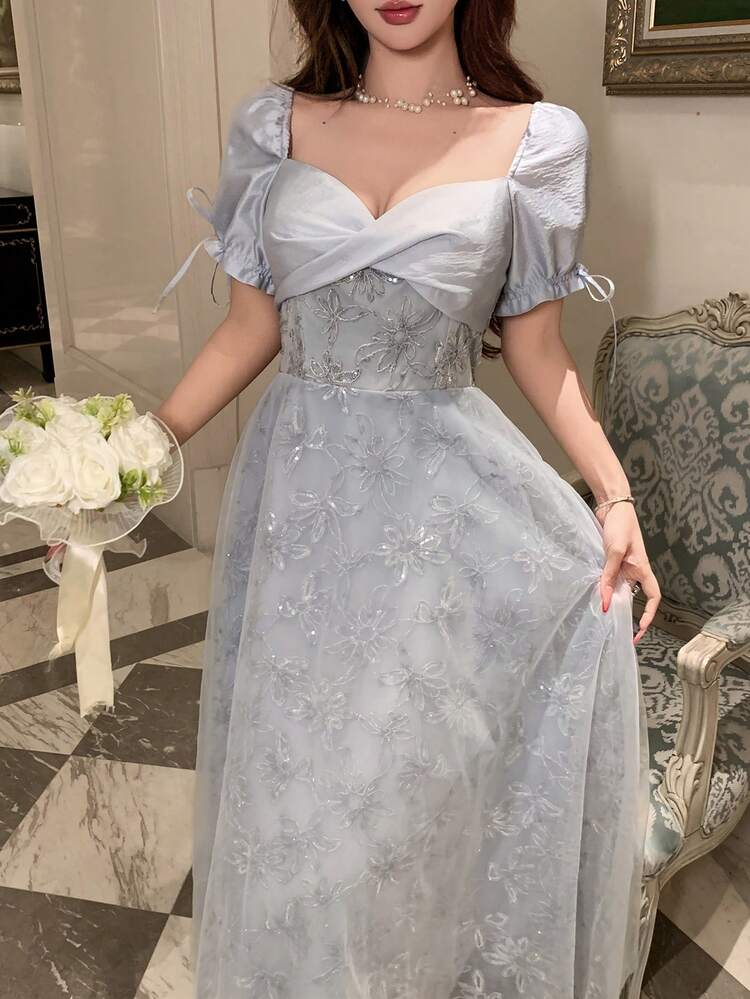 DAZY Women's Elegant Sequin Embroidered Patchwork Mid-Length Dress, Summer - Blue - View 4