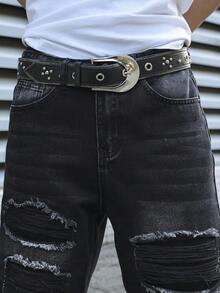 Manfinity EMRG Men's Black Distressed Patch Loose Wide Leg Jeans, Streetwear - Black - View 4