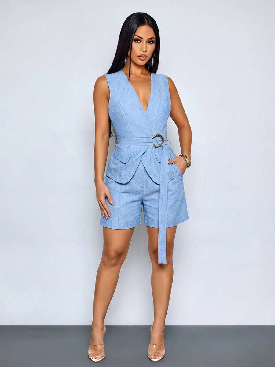 SOLERSUN Sexy And Elegant Women's Casual Denim Blue Suit Vest/Thin Jacket, Old Money Style, Suitable For Spring And Summer. - Blue - View 1