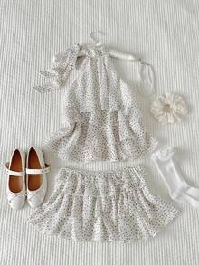 Comfortcana Women's Polka Dot Print Layered Ruffle Halter Top And Skirt 2 Pieces Set - Black and White - View 5