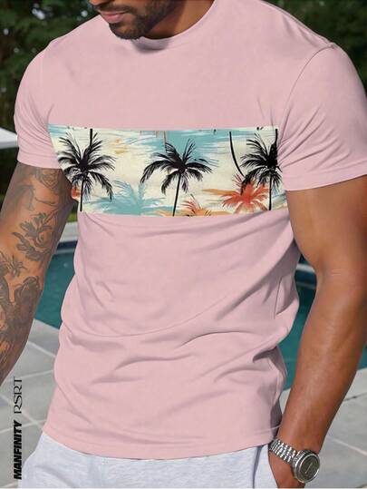 Manfinity RSRT Tropical Coconut Tree Beach Print Men's Round Neck Short Sleeve Pink T-Shirt, Men's American Beach Round Neck Pink T-Shirt