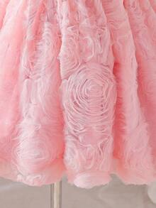 SHEIN Glamorique Kids 小女孩粉色3D荷叶边薄纱泡泡袖蝴蝶结公主裙，适合花童、生日派对、婚礼、节日、舞会等场合。 - 藕粉色 - 查看 5