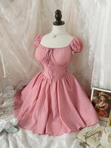 Flirla 大码花卉拼接荷叶边收腰迷你连衣裙 - 藕粉色 - 查看 6