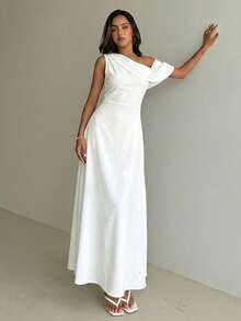 Aloruh Women's Elegant White Summer Off-Shoulder Sleeveless Asymmetrical Long Dress,A-Line Silhouette Wedding Guest Party Dining Dress For Commuting Outfits - Multicolor - View 5