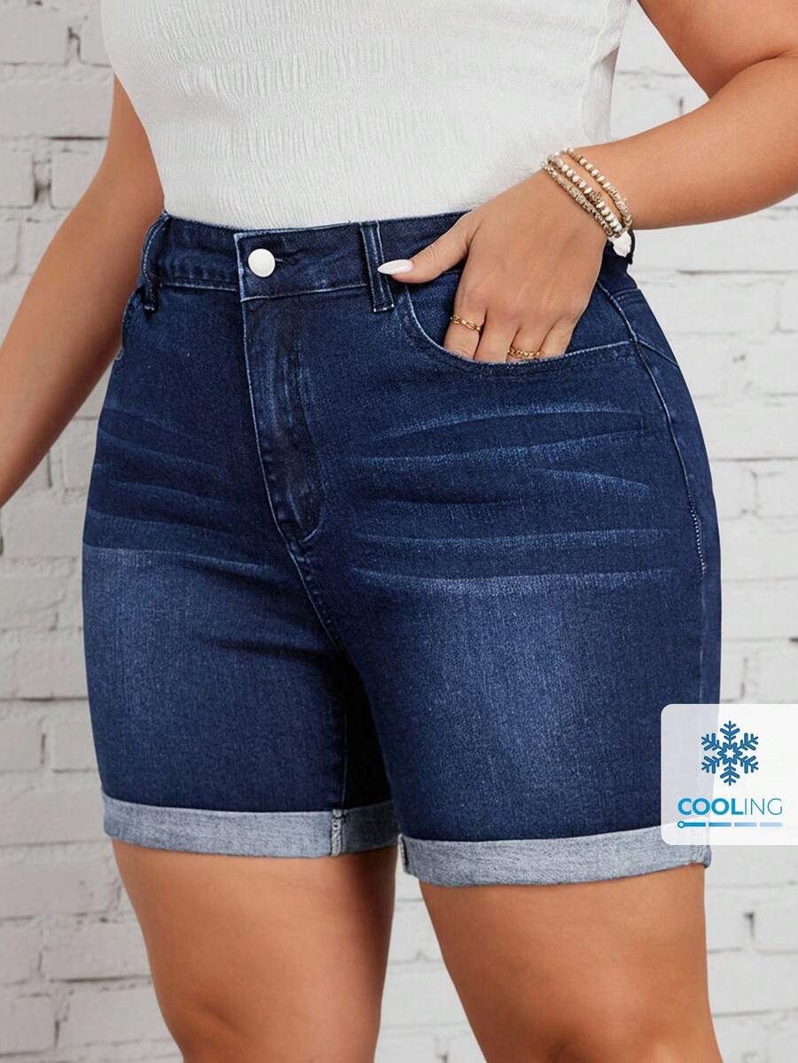 EMERY ROSE Plus Size Casual Denim Shorts, Fashionable For Summer - Dark Wash - View 1