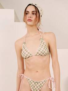 lacRébo 格纹三角比基尼套装，饰有扇形花边和蝴蝶结细节 - 綠色 - 查看 1