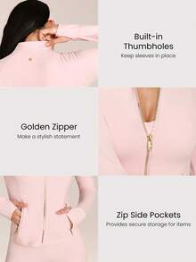 GLOWMODE FeatherFit™ Slim-It Streamline Performance Secure Pockets Zip Up Long Sleeve Jacket Low Impact Yoga Daily Fall - Baby Pink - View 3