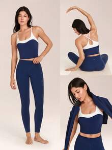 GLOWMODE FeatherFit™ Camiseta deportiva de ajuste ceñido con contrastes de color, tirantes cruzados, escote bajo, copas extraíbles, corta, para yoga, pilates, uso diario y casual en otoño e invierno - Dark Blue - Ver 8