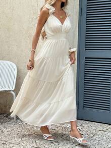 Serisse 女士纯色荷叶边露肩无袖连衣裙，时尚度假之选 - 杏色 - 查看 7