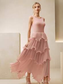 Anewsta Summer Vacation Versatile All-Match Knit Camisole Spliced Layered Ruffle Hem Dress, Elegant Long Dress For Women, Pink - Pink - View 1