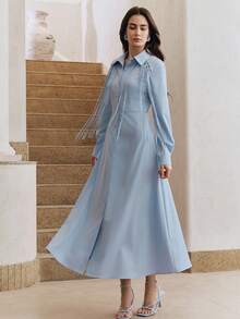 Vestido maxi azul claro de mujer con diseño hueco de cuerda de cuello de camisa de unicolor elegante y de línea A de Anewsta, nuevo y de moda - Azul - Ver 4