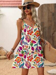 SHEIN LUNE 大码花卉印花休闲简约吊带连衣裙，适合夏季度假 - 黃色 - 查看 4