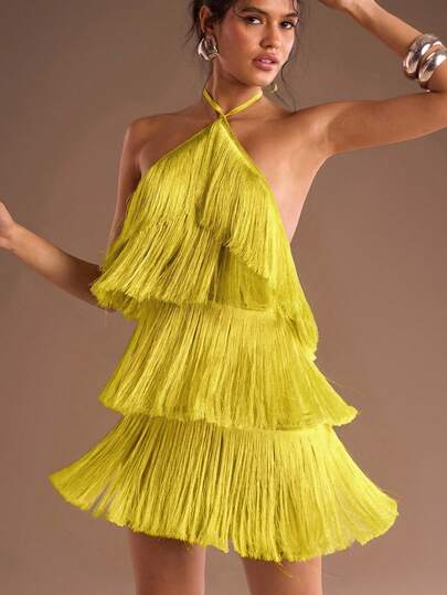 Glamine Robe courte décontractée pour vacances et sorties, col ras-du-cou, dos nu, avec design à franges, couleur unie pour femmes