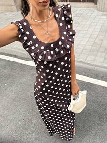 SHEIN PariChic Đầm nữ cổ vuông, viền bèo nhún, chấm bi nâu, dáng ôm, phong cách retro và gợi cảm, hơi hướng cổ điển, đầm mùa hè, trang phục mùa hè, đầm ngày Valentine, đầm sinh nhật, đầm thanh lịch nữ, đầm thường ngày nữ, đầm đi nghỉ mát, trang phục duyên dáng nữ, đầm chấm bi, đầm màu nâu - màu nâu - Xem 4