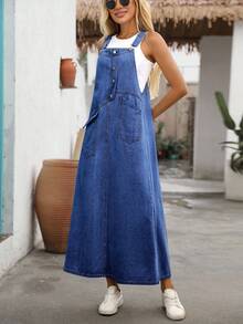 EMERY ROSE Women's Button Front Pocket Design Casual Denim Pinafore Dress - Blue - View 5