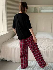 Dazy Kids Teen Girl Solid Color Round Neck Loose Top And Plaid Print Pants Pajama Set Summer - Black - View 5