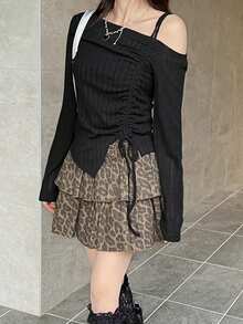 FRIFUL Women's Solid Black Drawstring Tie Bow Ribbed Fabric Slim Fit Versatile T-Shirt - Black - View 2