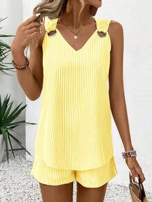 EMERY ROSE V-Neck Sleeveless Casual Striped 2 Pieces Set For Women - Yellow - View 5