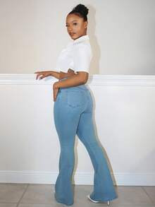 Steph T 拉链门襟喇叭腿牛仔裤，女士休闲纽扣，口袋，拉链高腰喇叭腿长款灰蓝色棉质常规版型女式牛仔裤，春/秋，休闲日常穿着 - 霧霾藍 - 查看 3