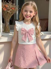 Elladie kids 4-7Y Girls 2pcs Set: Cute Bow Decor Beaded Cap Sleeve Top & Elastic Waist Beaded Slit Shorts, Suitable For Daily Life, Parties And Other Occasions - Baby Pink - View 3