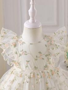 SHEIN Glamorique Kids 刺绣公主裙，短袖收腰正式连衣裙，适合幼儿，四季皆宜 - 藍色 - 查看 7